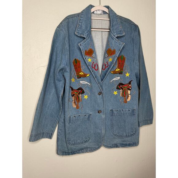 Vintage 90s The Blue Denim Rodeo Cowgirl Western Jean Blazer Jacket - Picture 7 of 9